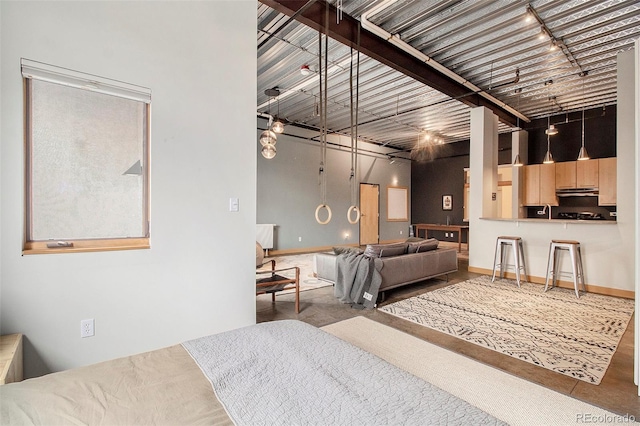 living room featuring rail lighting and a high ceiling