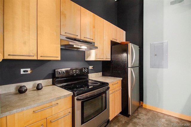 kitchen with light brown cabinetry, electric panel, and appliances with stainless steel finishes