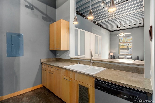 kitchen featuring light brown cabinetry, ceiling fan, sink, dishwasher, and electric panel