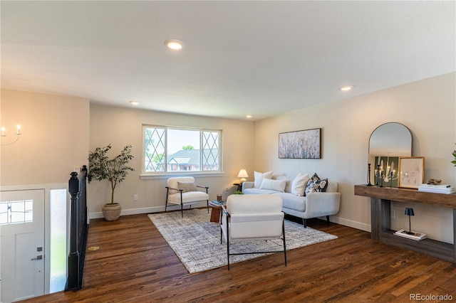 9410 Perry St, Westminster, CO 80031 - living room with dark wood-style floors, a chandelier, and recessed lighting