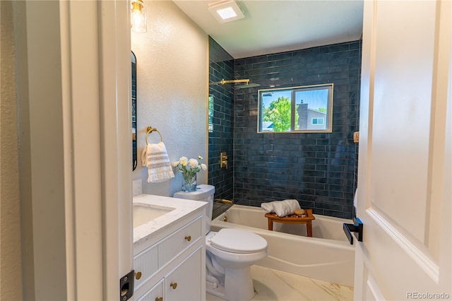 9410 Perry St, Westminster, CO 80031 - bathroom with vanity, shower / bath combination, a textured wall, and marble look tiles