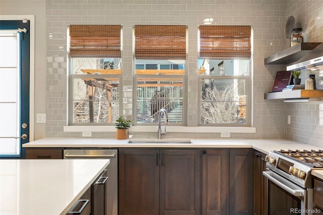 kitchen featuring stainless steel appliances, sink, dark brown cabinetry, and decorative backsplash