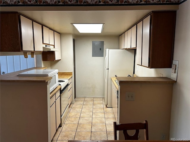 kitchen with kitchen peninsula, light tile patterned floors, white appliances, and electric panel