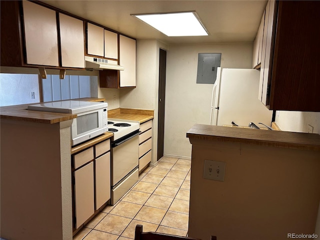 kitchen with light tile patterned floors, white appliances, and electric panel