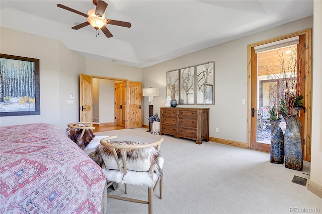 1007 Nob Hill Rd, Evergreen, CO 80439 - carpeted bedroom featuring access to exterior, baseboards, and ceiling fan