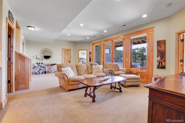 1007 Nob Hill Rd, Evergreen, CO 80439 - living room featuring light carpet and recessed lighting