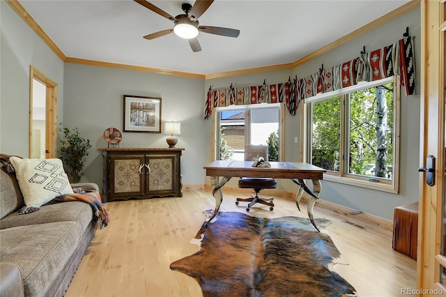 1007 Nob Hill Rd, Evergreen, CO 80439 - office with crown molding, a ceiling fan, wood finished floors, and baseboards