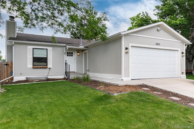 4800 S Tabor St, Morrison, CO 80465 - ranch-style house with driveway, a chimney, a garage, and roof with shingles