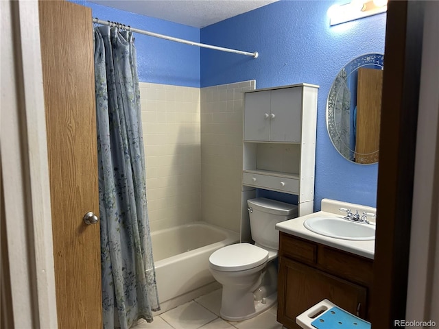 full bathroom with tile patterned floors, toilet, a textured ceiling, vanity, and shower / bathtub combination with curtain