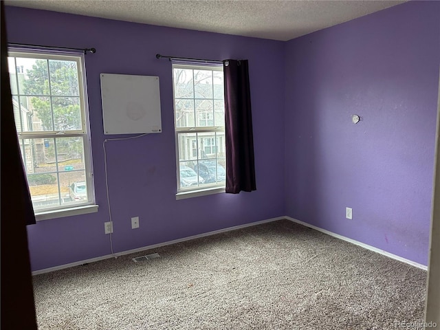 empty room with carpet floors and a textured ceiling