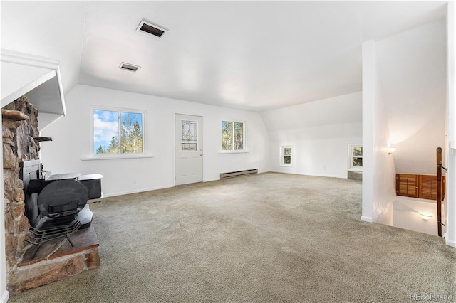 9185 Jill Dr, Conifer, CO 80433 - unfurnished living room with carpet floors, a baseboard radiator, lofted ceiling, and baseboards