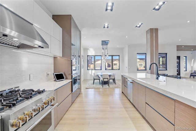 kitchen featuring modern cabinets, wall chimney range hood, stainless steel appliances, and a sink