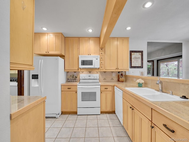 12658 W 1st Pl Unit 78, Denver, CO 80228 - kitchen featuring white appliances, light brown cabinets, tasteful backsplash, light tile patterned flooring, and recessed lighting