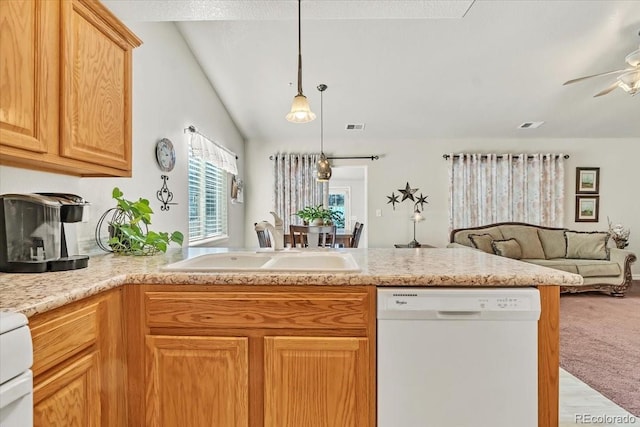 kitchen with lofted ceiling, light carpet, ceiling fan, sink, and white dishwasher