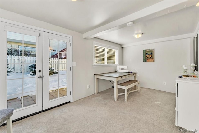 home office featuring light colored carpet and french doors