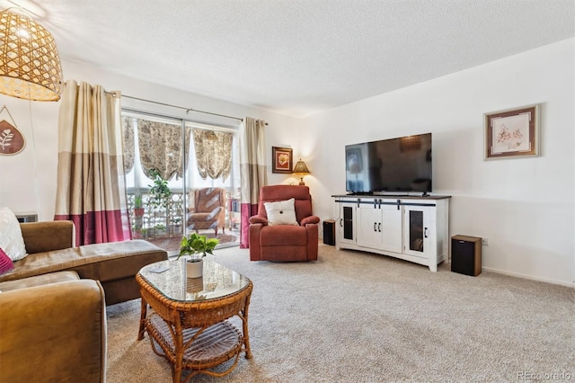 carpeted living room with a textured ceiling