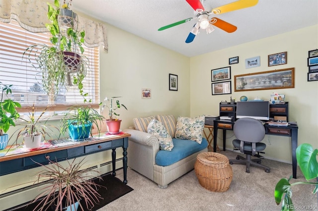 home office with light colored carpet and ceiling fan