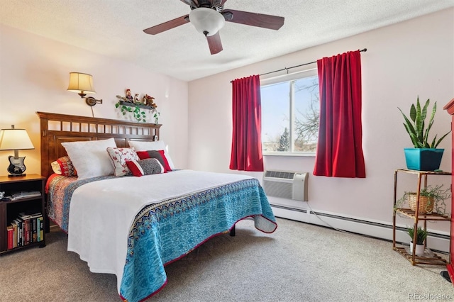 bedroom with a textured ceiling, an AC wall unit, baseboard heating, carpet flooring, and ceiling fan