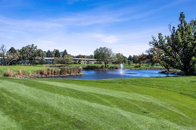 view of community featuring a yard and a water view