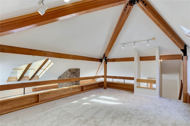 additional living space featuring light carpet and lofted ceiling with skylight