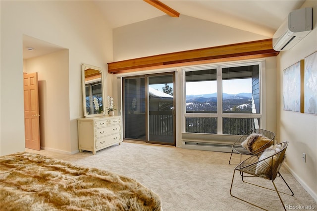 carpeted bedroom with vaulted ceiling with beams, a wall mounted AC, a mountain view, and access to outside