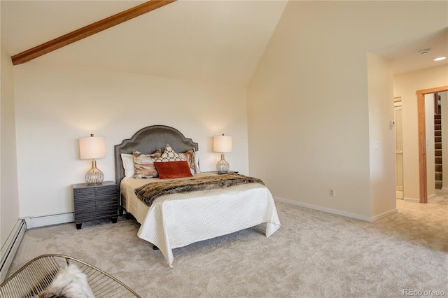 bedroom with baseboard heating, beam ceiling, high vaulted ceiling, and light carpet