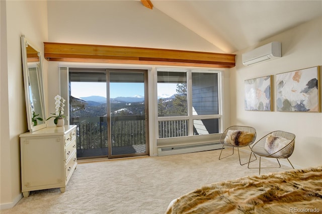 carpeted bedroom featuring lofted ceiling with beams, a mountain view, access to outside, and an AC wall unit