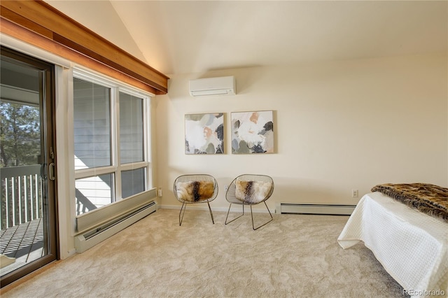 carpeted bedroom featuring access to outside, a wall mounted AC, vaulted ceiling, and baseboard heating