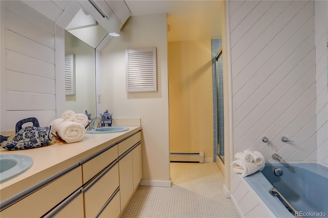 bathroom with tile patterned flooring, vanity, a baseboard radiator, and separate shower and tub