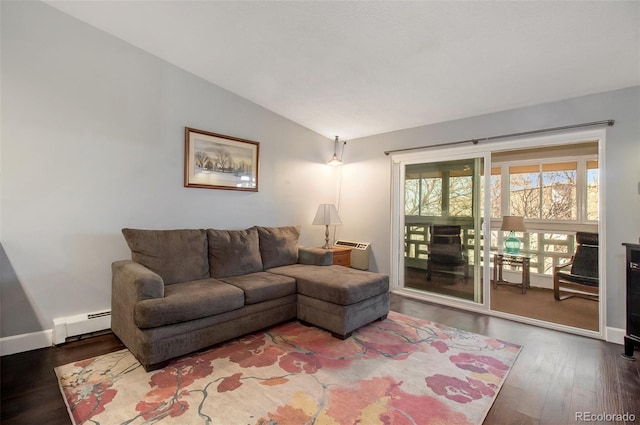 living room featuring a baseboard radiator, lofted ceiling, and dark hardwood / wood-style floors