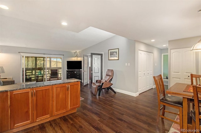 kitchen featuring dark stone countertops and dark wood-type flooring