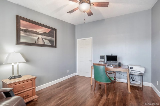 office space featuring dark hardwood / wood-style floors and ceiling fan