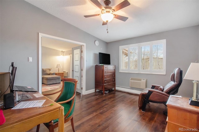 home office with a baseboard heating unit, a wall mounted AC, dark hardwood / wood-style floors, and ceiling fan