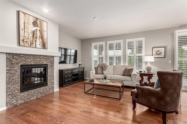 7991 Heritage Dr, Thornton, CO 80602 - living room with wood finished floors, a glass covered fireplace, and baseboards