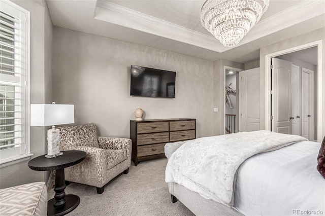 7991 Heritage Dr, Thornton, CO 80602 - bedroom with light colored carpet, a chandelier, multiple windows, crown molding, and a tray ceiling