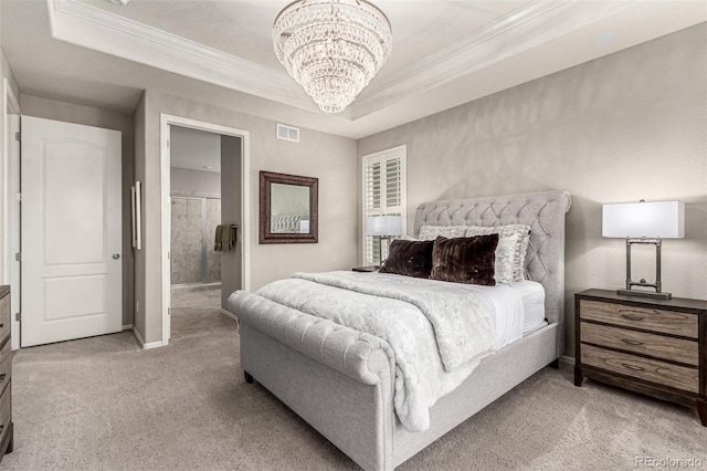 7991 Heritage Dr, Thornton, CO 80602 - carpeted bedroom with a chandelier, crown molding, a raised ceiling, baseboards, and ensuite bath