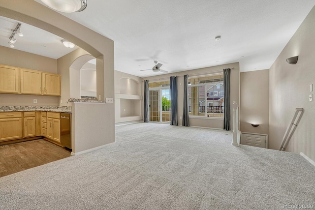 12711 Colorado Blvd Unit 714G, Thornton, CO 80241 - unfurnished living room featuring ceiling fan, carpet flooring, track lighting, baseboards, and arched walkways