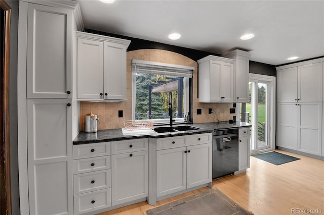 kitchen with decorative backsplash, a sink, light wood finished floors, and dishwasher