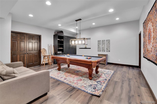 game room with baseboards, recessed lighting, billiards, and light wood finished floors
