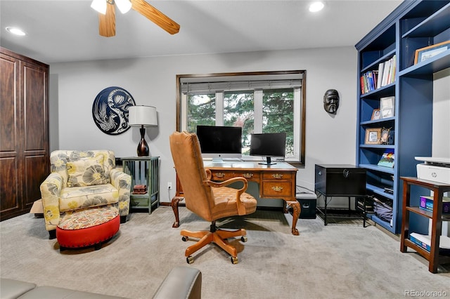 office with carpet flooring, a ceiling fan, and recessed lighting