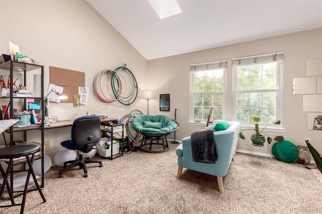 4636 S Dillon Ct Unit B, Aurora, CO 80015 - carpeted office featuring a skylight, high vaulted ceiling, and baseboards