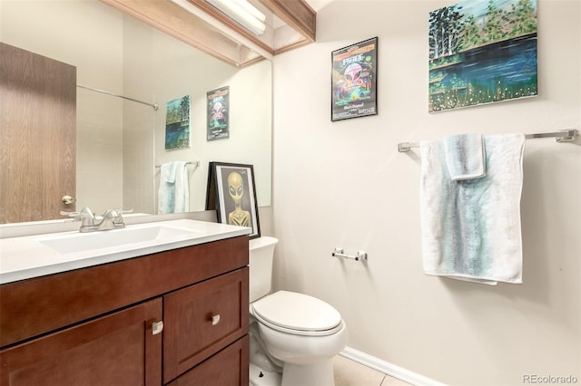 4636 S Dillon Ct Unit B, Aurora, CO 80015 - full bathroom featuring toilet, vanity, a shower, tile patterned flooring, and baseboards