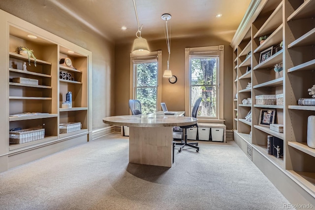 office with light colored carpet and recessed lighting