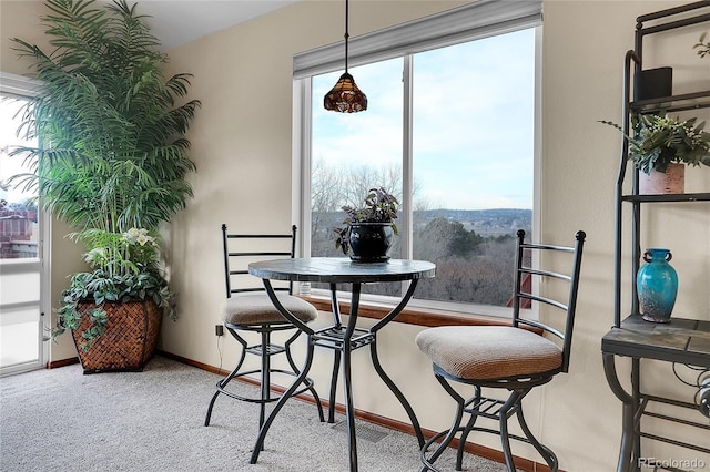 carpeted dining room featuring baseboards