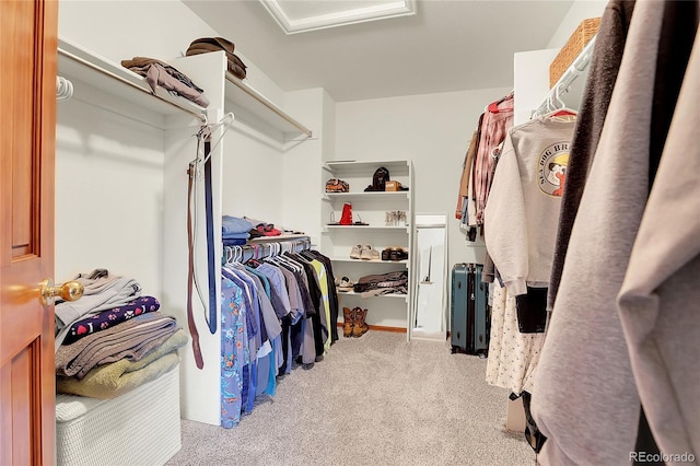 spacious closet featuring light carpet and attic access