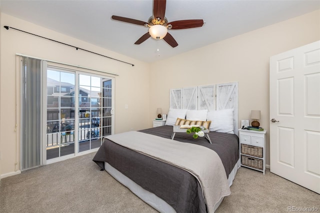 bedroom featuring ceiling fan, light colored carpet, and access to exterior