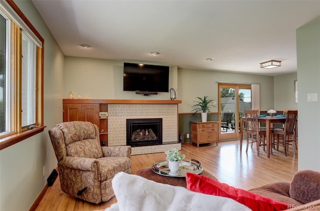 living room featuring a fireplace and light hardwood / wood-style floors