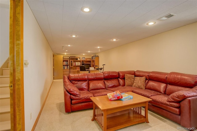 living room with light colored carpet