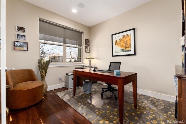 office area featuring baseboards, wood finished floors, and recessed lighting