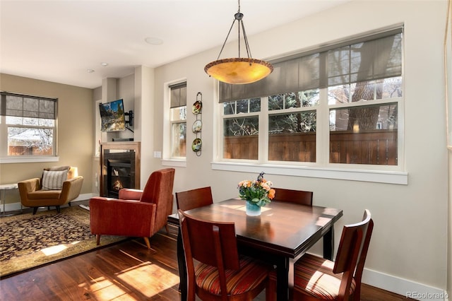 dining room featuring wood finished floors, a glass covered fireplace, and baseboards